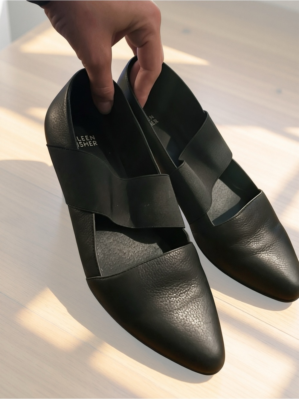 Eileen Fisher Black Leather “Lend” Pointed Toe Cross-Strap Ballet Flats